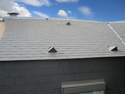Professional inspecting a slate roof